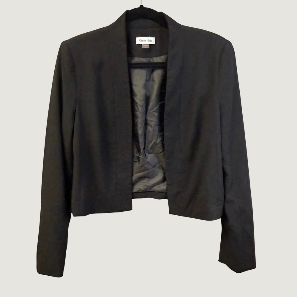 Calvin Klein Womens Black Open Front Cropped Blazer Jacket Size L Collarless